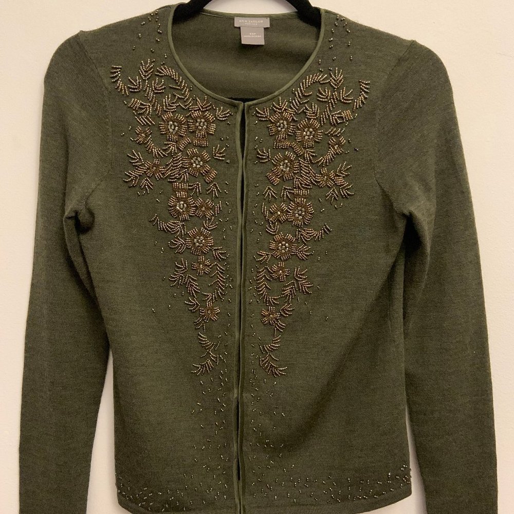 Ann Taylor Round Neck Cardigan Green Beading